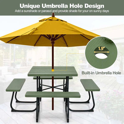 8-Person Outdoor HDPE Square Picnic Table And Bench Set, 67in x 67in x 30in, Metal Frame