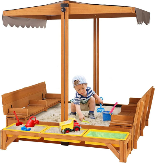 Kids Wooden Outdoor Sandbox With Retractable Canopy, 2 Foldable Bench Seats, 47 x 47 Inch