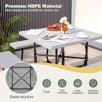 8-Person Outdoor HDPE Square Picnic Table And Bench Set, 67in x 67in x 30in, Metal Frame