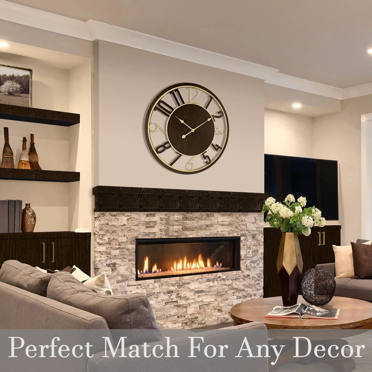 24 Inch Round Wooden Wall Clock With Numeral Design - Battery Operated