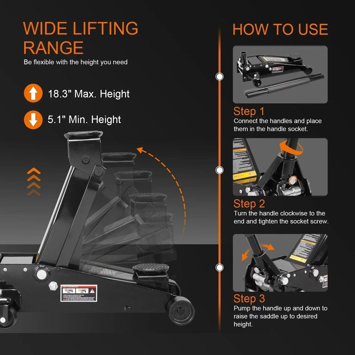 Heavy Duty Steel 3 Ton Hydraulic Floor Jack, Black - W8303-B