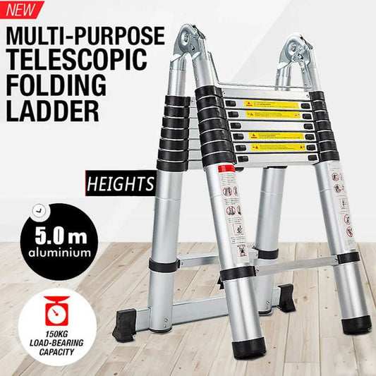 Bowoshen Telescopic Ladder 16.5 ft Aluminum 8 x 2 Steps 330 lb