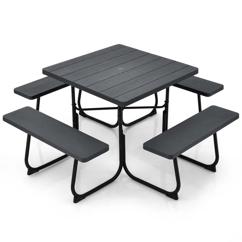 8-Person Outdoor HDPE Square Picnic Table And Bench Set, 67in x 67in x 30in, Metal Frame