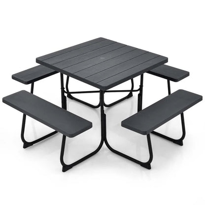 8-Person Outdoor HDPE Square Picnic Table And Bench Set, 67in x 67in x 30in, Metal Frame