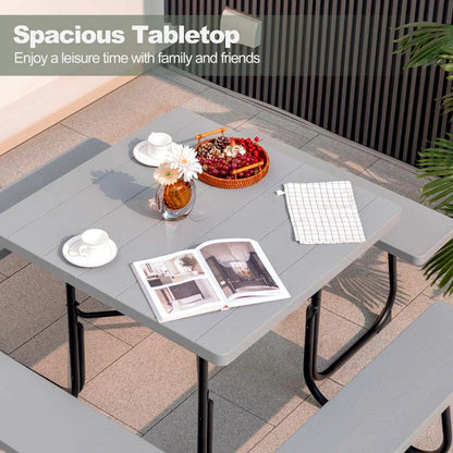 8-Person Outdoor HDPE Square Picnic Table And Bench Set, 67in x 67in x 30in, Metal Frame