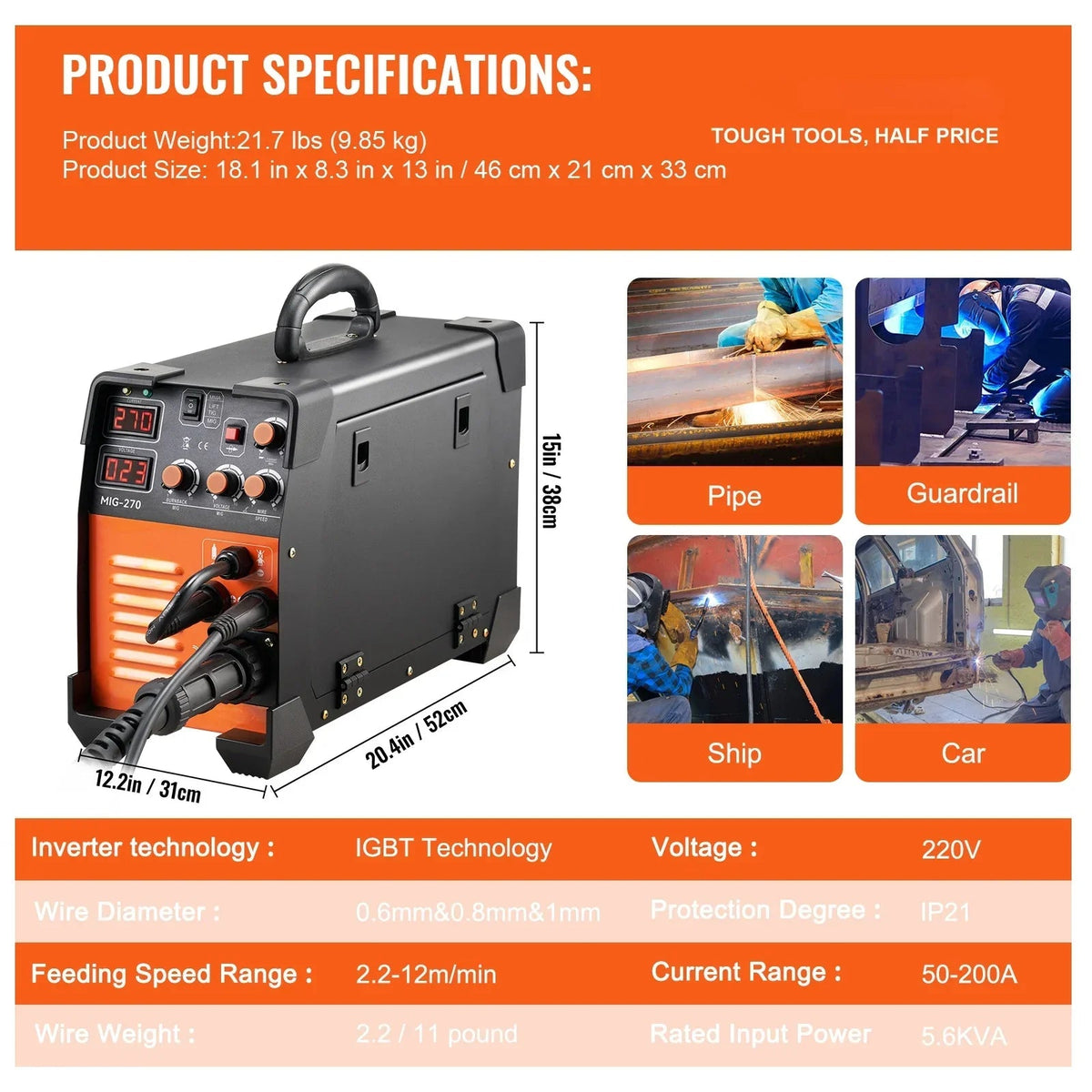 BENTISM 270A 110V Flux Core MIG/TIG/MMA 3-in-1 Welder - MIG-270