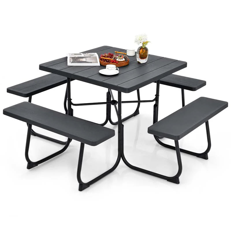 8-Person Outdoor HDPE Square Picnic Table And Bench Set, 67in x 67in x 30in, Metal Frame