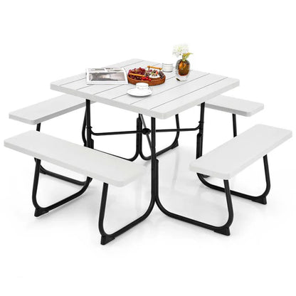 8-Person Outdoor HDPE Square Picnic Table And Bench Set, 67in x 67in x 30in, Metal Frame