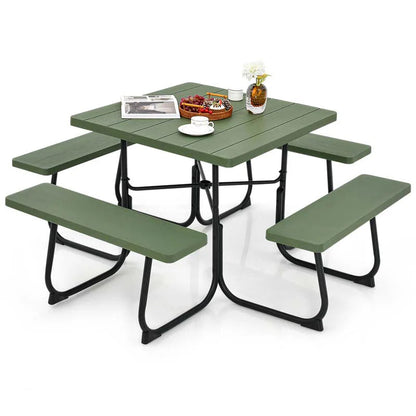 8-Person Outdoor HDPE Square Picnic Table And Bench Set, 67in x 67in x 30in, Metal Frame