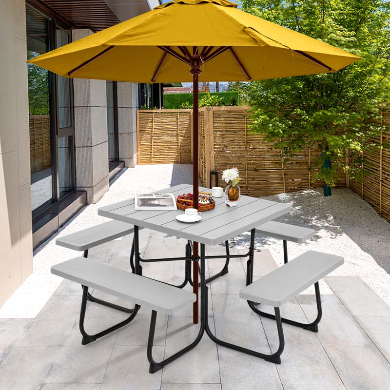 8-Person Outdoor HDPE Square Picnic Table And Bench Set, 67in x 67in x 30in, Metal Frame