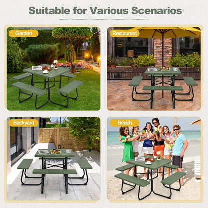 8-Person Outdoor HDPE Square Picnic Table And Bench Set, 67in x 67in x 30in, Metal Frame