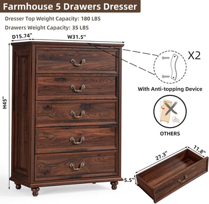 Joaxswe Farmhouse 5 Drawer Dresser, 31.5in W x 15.74in D x 44.9in H, Brown