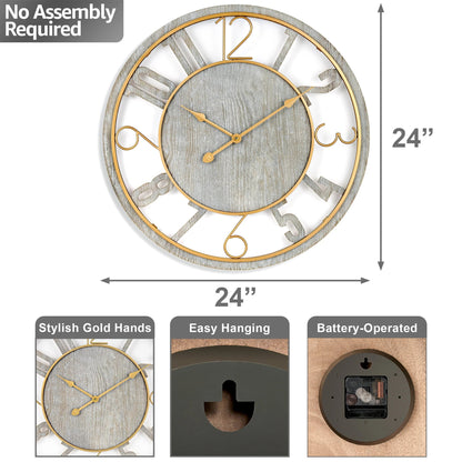 24 Inch Round Wooden Wall Clock With Numeral Design - Battery Operated