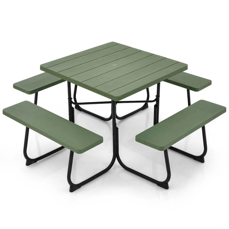 8-Person Outdoor HDPE Square Picnic Table And Bench Set, 67in x 67in x 30in, Metal Frame