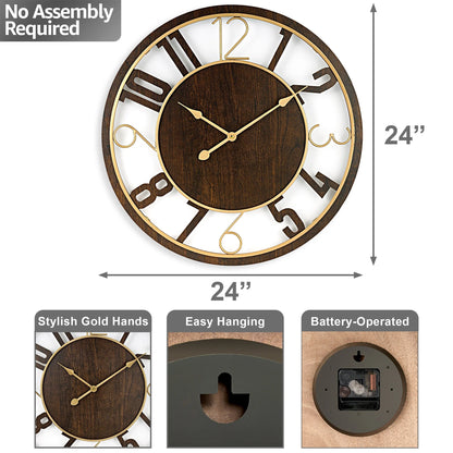 24 Inch Round Wooden Wall Clock With Numeral Design - Battery Operated