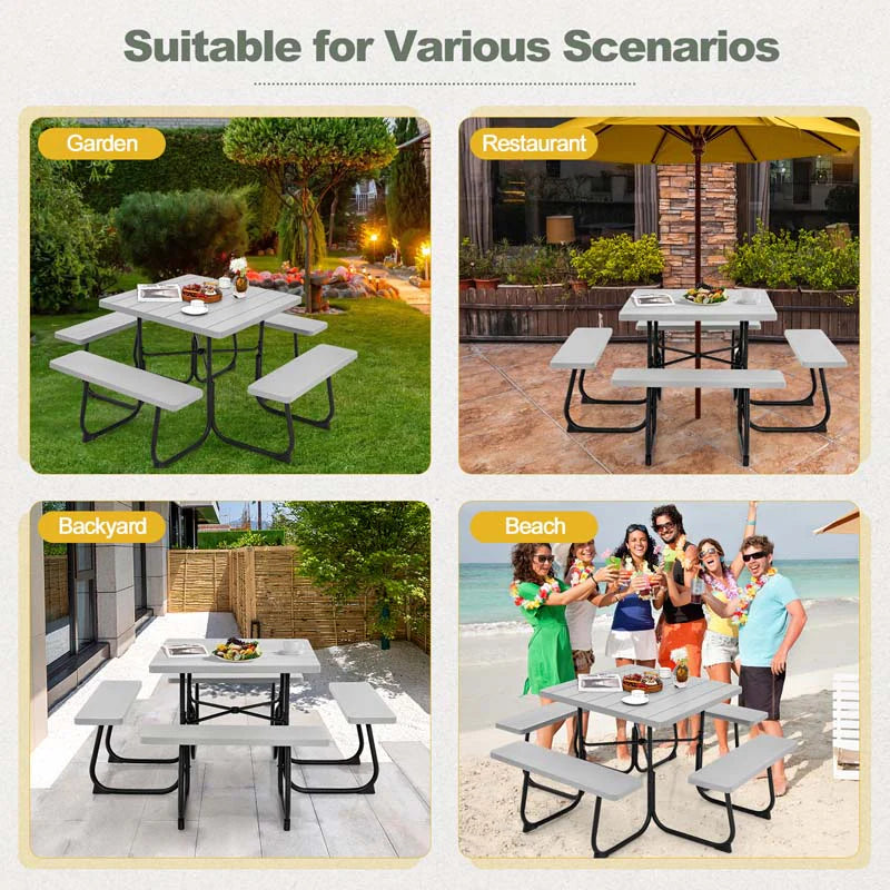 8-Person Outdoor HDPE Square Picnic Table And Bench Set, 67in x 67in x 30in, Metal Frame
