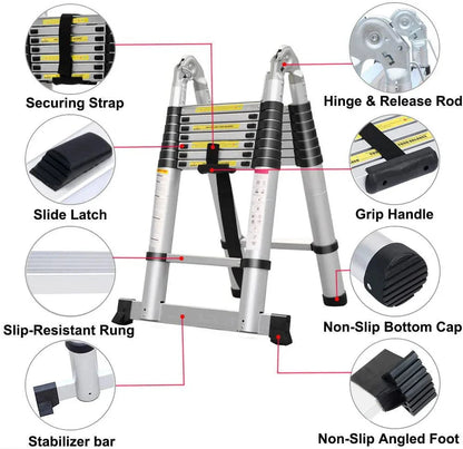 Bowoshen Telescopic Ladder 16.5 ft Aluminum 8 x 2 Steps 330 lb