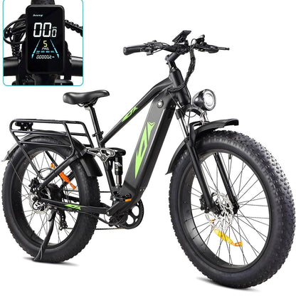 Adult Electric Bike 1000W 48V 17.5AH, 26 Fat Tire, Full Suspension, 7 Speed, 60 Miles Range - UL Certified