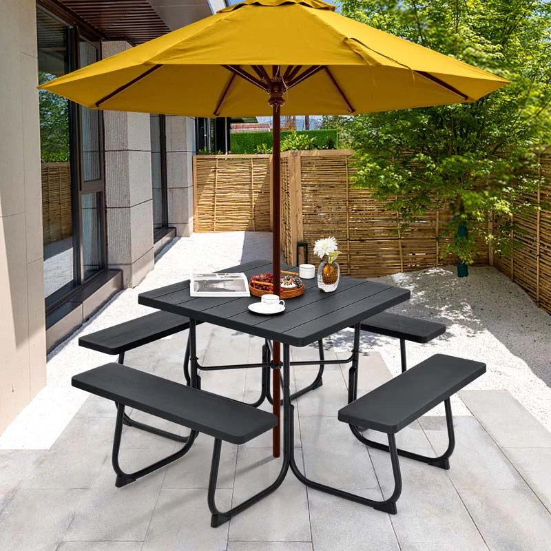 8-Person Outdoor HDPE Square Picnic Table And Bench Set, 67in x 67in x 30in, Metal Frame