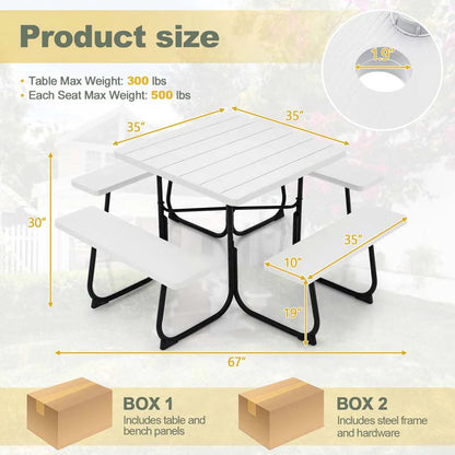 8-Person Outdoor HDPE Square Picnic Table And Bench Set, 67in x 67in x 30in, Metal Frame