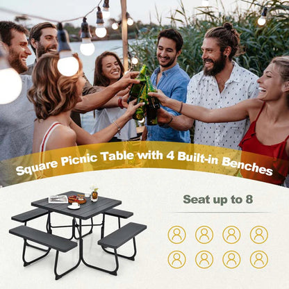 8-Person Outdoor HDPE Square Picnic Table And Bench Set, 67in x 67in x 30in, Metal Frame